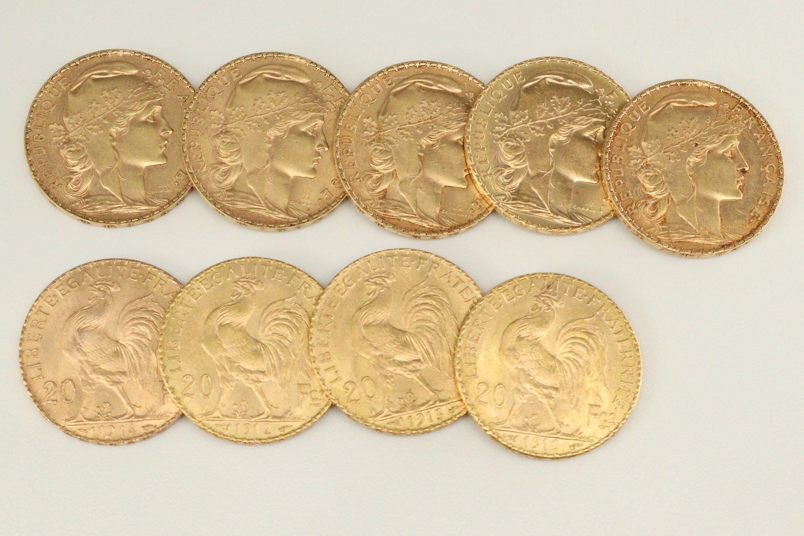 Null Lot composé de 9 pièces en or jaune de 20 franc au Coq (1914 ; 1913 ; 1912 &hellip;