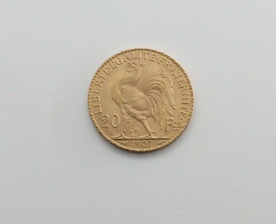 Null Gold coin of 20 francs Coq (1907)

Weight : 6.45 g.