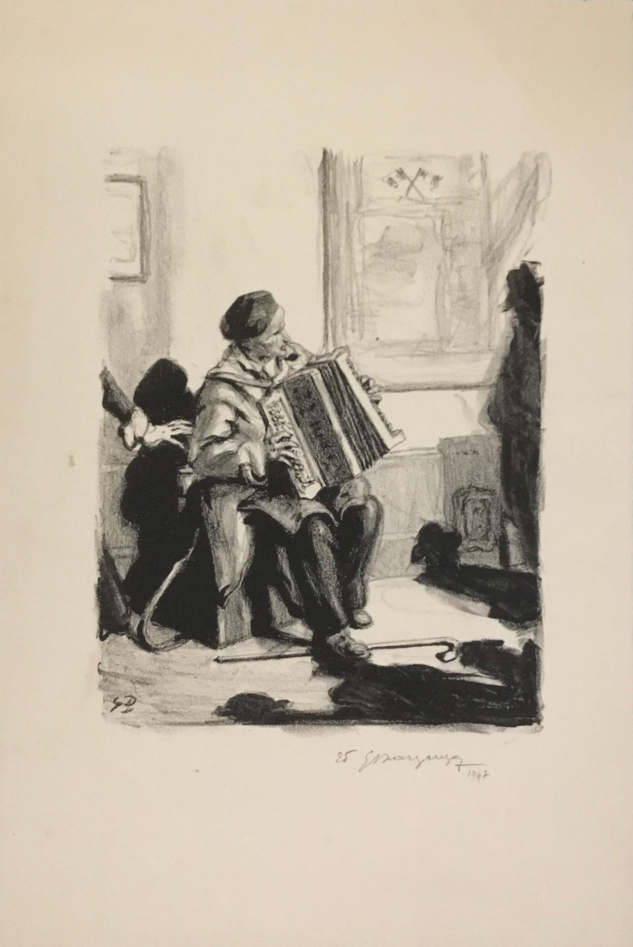 Null 孤独的人

石版画右下方有签名，日期为1947年 "l'accordéoniste"。 

36 x 24 厘米