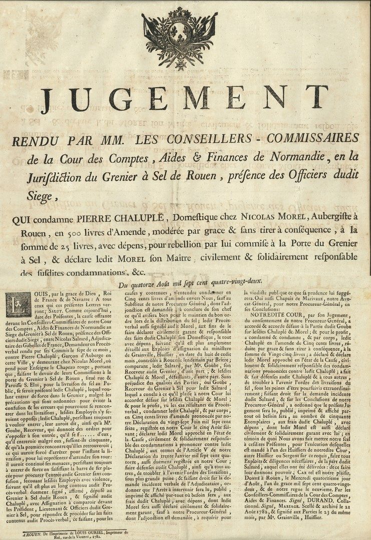 Null 诺曼底。3张海报，鲁昂1713-1782年；大对开，虚线和首字母。



第十次丹纳利。来自国王。Nicolas-Etienne Roujault[.&hellip;