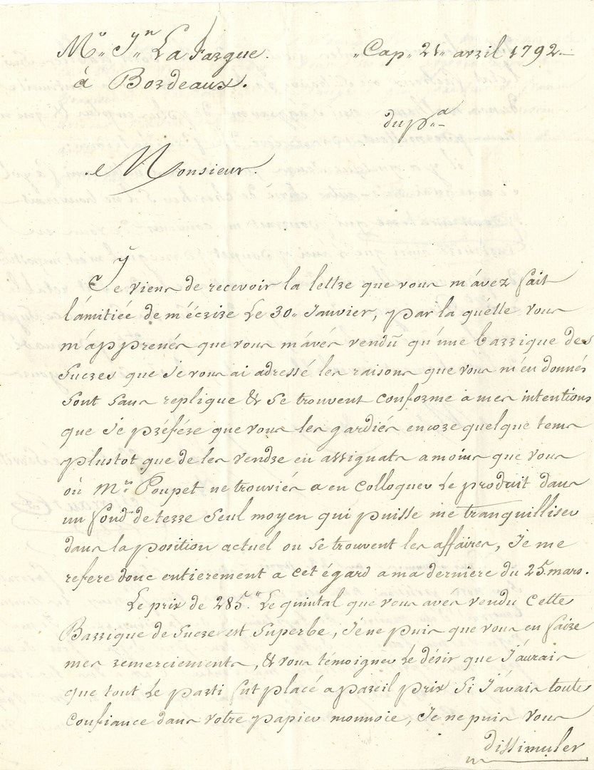 Null 圣多明戈。J. SUREAU的L.A.S.，1792年4月21日和28日在法国角，致波尔多商人J. Lafargue；4开2页半，地址有殖民地邮戳。
&hellip;