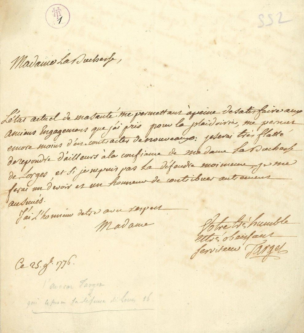 Null 盖伊-塔吉特（1733-1806）律师，州长的代表，1791年宪法之父，他拒绝为路易十六辩护。L.A.S.，1776年11月25日，致洛奇斯公爵夫人；&hellip;