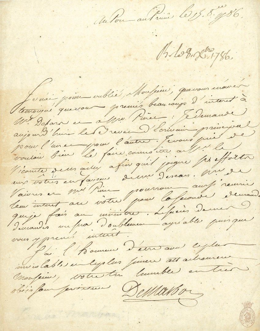 Null 弗朗索瓦-巴贝-马布瓦（1745-1837）部长和行政长官。L.A.S.，太子港1786年10月15日；1页in-4（克劳福德收藏的印章）。



 &hellip;