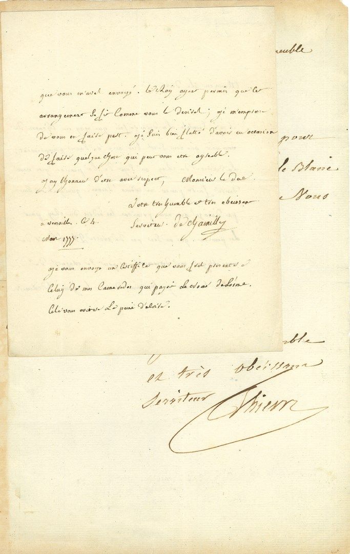 Null [路易十六（1754-1793）]。6封信件或作品，大部分是L.A.S.，来自他的第一室侍从，其中一封有路易十六的亲笔加注，1777-1817。


&hellip;