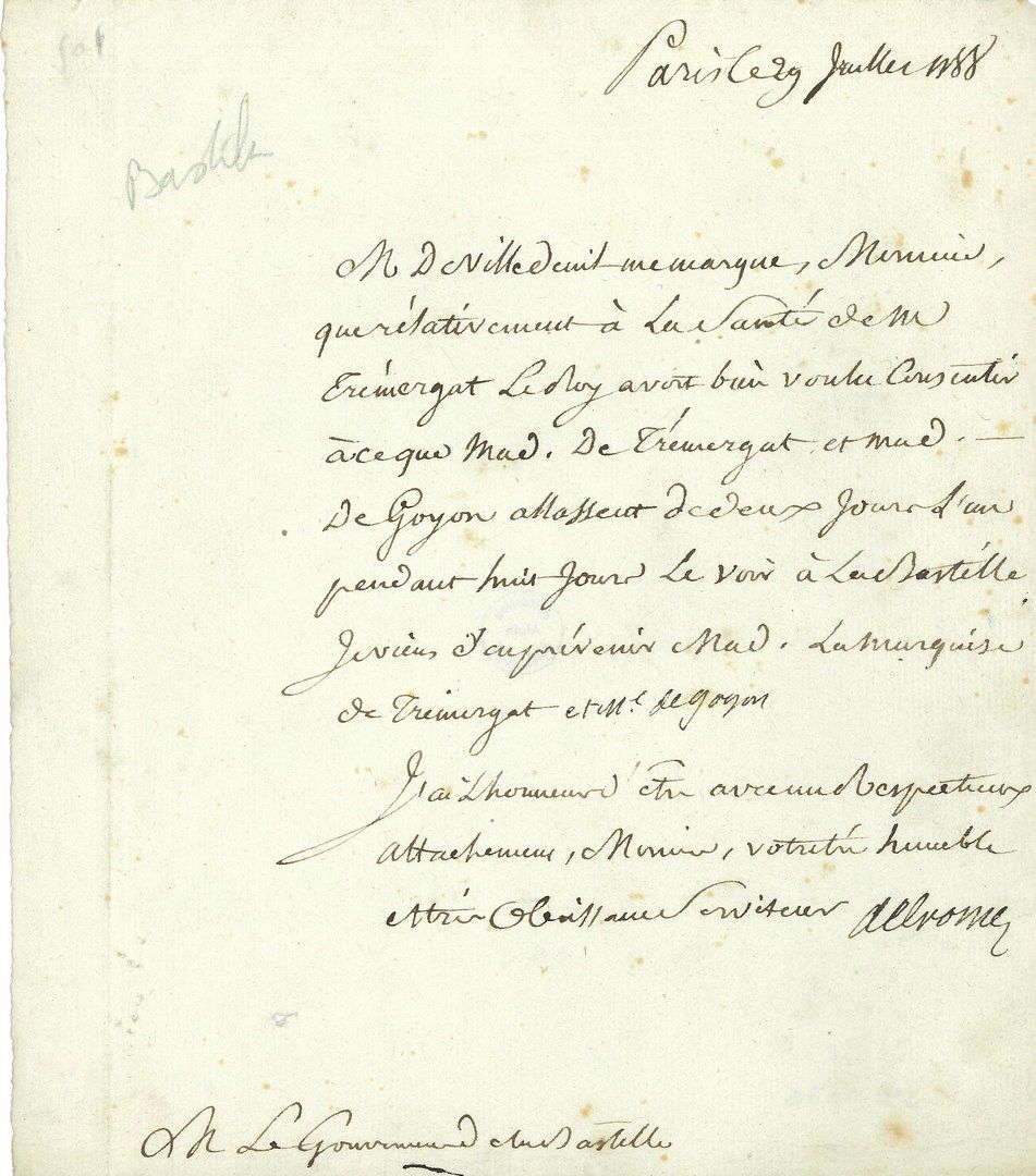 Null Louis THIROUX DE CROSNE (1736-1794) 最后一位警察中将，他被送上了断头台。 2 L.S., 巴黎，1788年7月29&hellip;