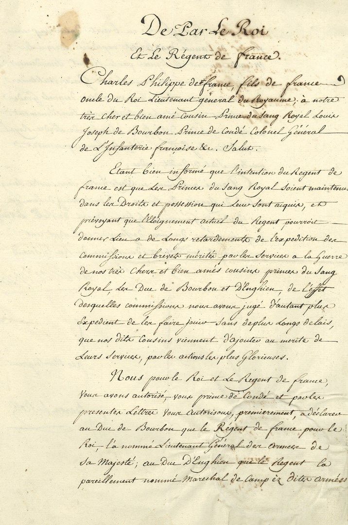 Null 查理十世（1757-1836）法国国王。附："查尔斯-菲利普"，哈姆，1794年1月25日；由罗尔男爵会签；1 1/2页对开，武器纸下有印章。



&hellip;