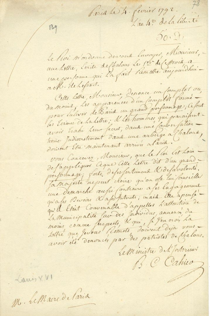 Null 本-克劳德-卡希尔-德-格维尔（1751-1816），巴黎公社检察长，内政部长。4 L.S., 1792年1月至2月；各1页对开。



1月21日，&hellip;