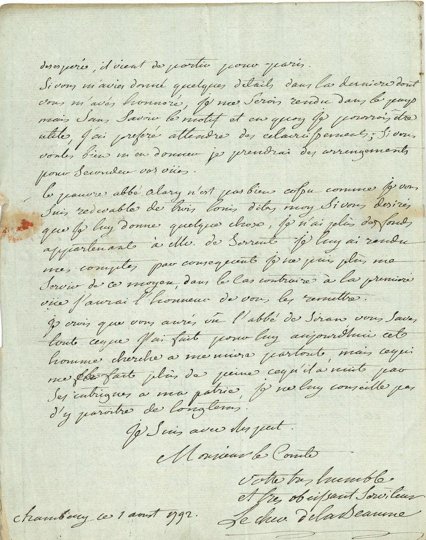 Null JALÈS的营地。LA BEAUME的骑士。L.A.S., Chambéry 1792年8月1日，给一个伯爵，地址是Marc Paul Philibe&hellip;