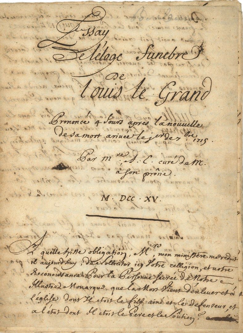 Null [路易十四（1638-1715）法国国王]。手稿，1715年9月1日路易大帝的死讯传来4天后，M.A.C.教区牧师在他的布道会上发表的悼词文章，171&hellip;