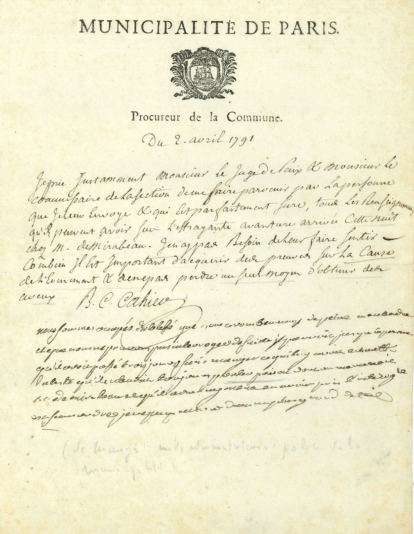 Null 邦-克劳德-卡希尔-德-格维尔（1751-1816）巴黎公社检察官，内政部长。L.A.S.，巴黎，1791年4月2日；1页内页，标题和签名为巴黎市镇，&hellip;