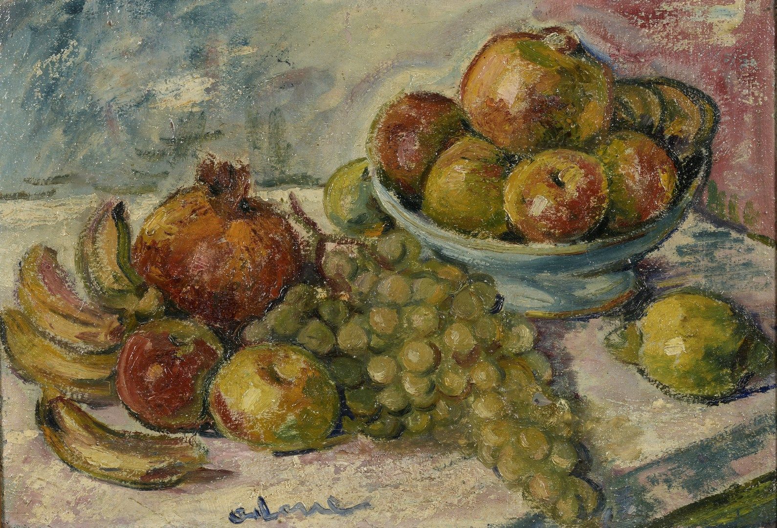 Null ARENE Jean, 1929-2020

水果和果盘

布面油画（修复）

左下角有签名

38 x 55,5 cm