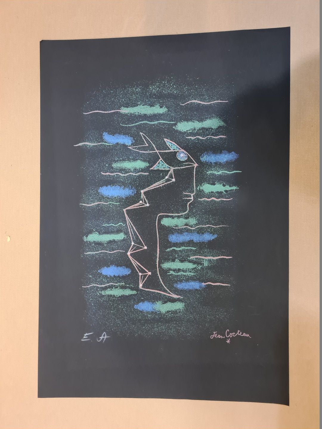 Null 坎特奥-让，后

有鱼的简介

黑底彩色石板画，艺术家证明，版上右下角有签名

纸张：55 x 37.5厘米