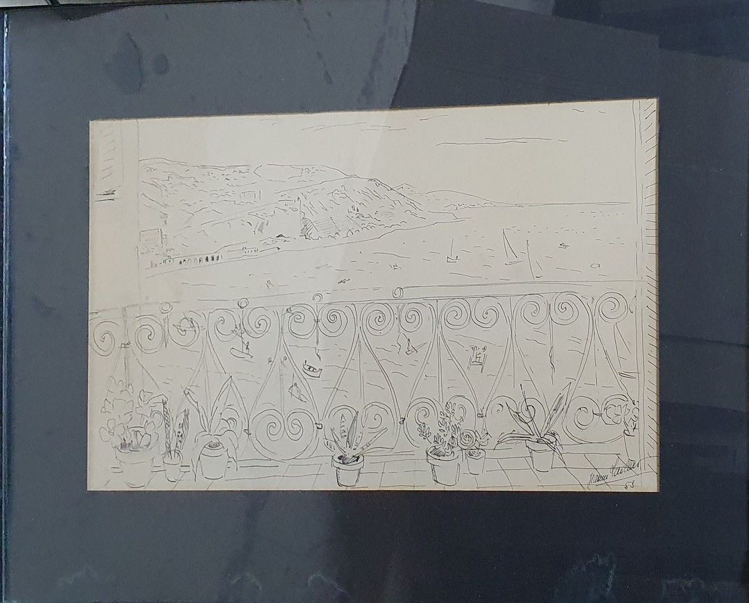 Null LAILLARD让娜，生于1897年。

海边的露台，1953年。

纸上钢笔和黑色墨水（绝缘），右下方有签名和日期。

31x49.5厘米见方。