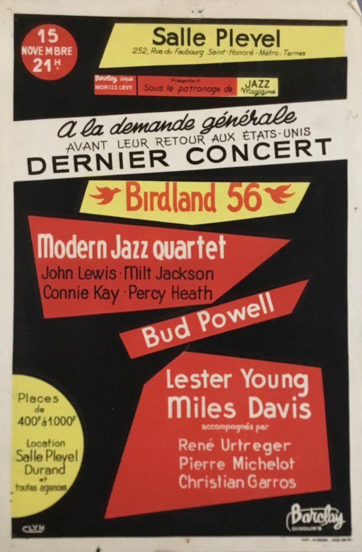 Null Salle Pleyel Birdland 56演出海报，现代爵士四重奏、约翰-刘易斯、米尔特-杰克逊、康尼-凯、珀西-希特、巴德-鲍威尔、莱斯特-容&hellip;