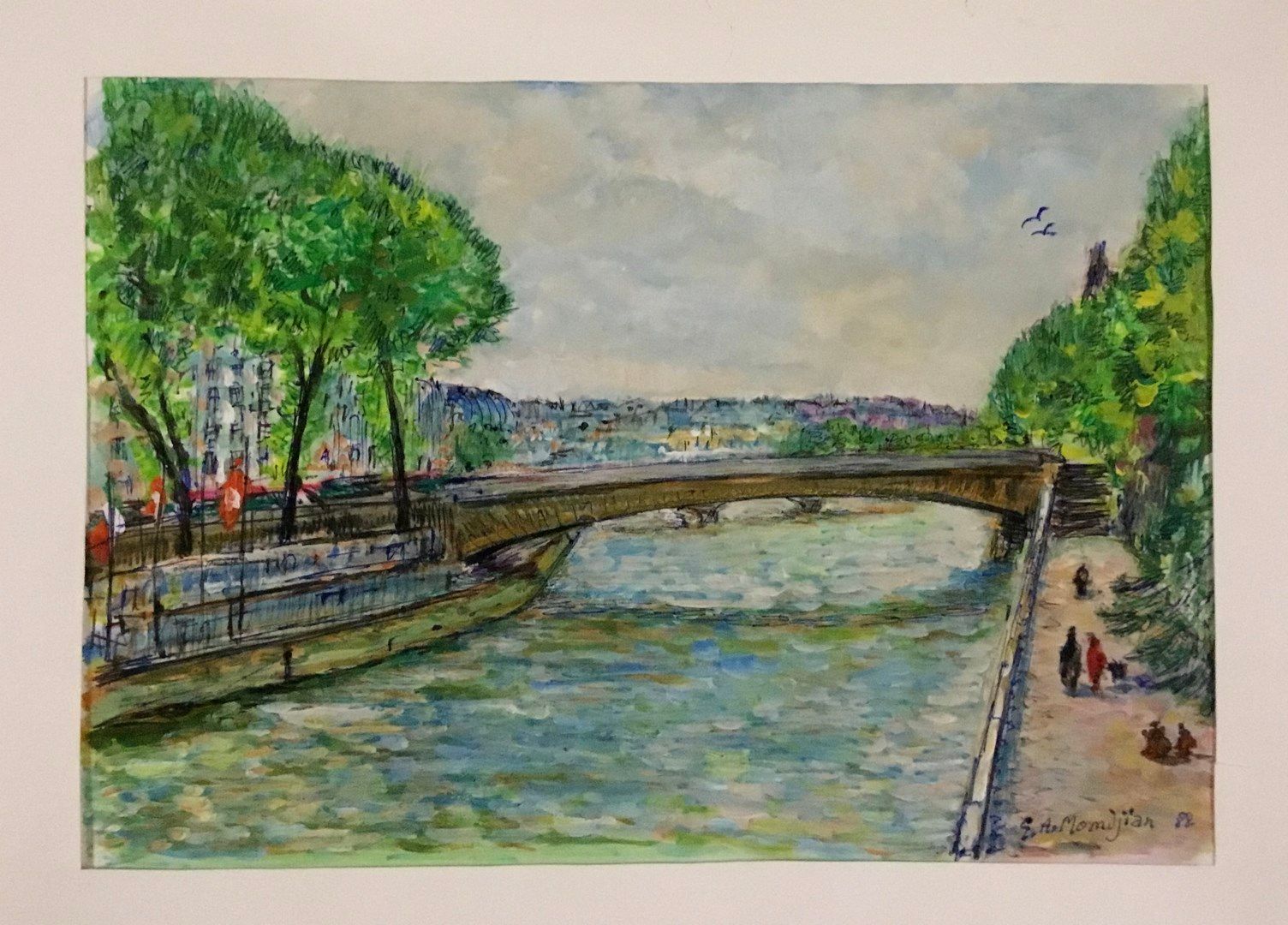 Null MOMDJIAN Garabed

纸上水粉画，签名，标题，日期，"巴黎阿科勒桥" 1988年

格式 43 x 57 cm