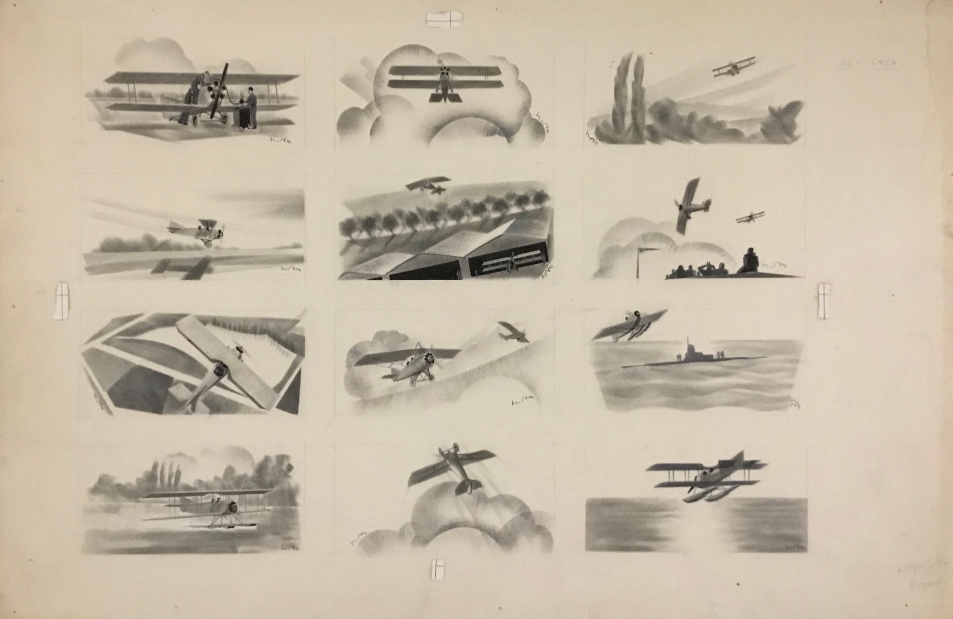 Null Aviazione 

Foglio di 12 disegni a matita di aerei biplani e monoplani. Ogn&hellip;