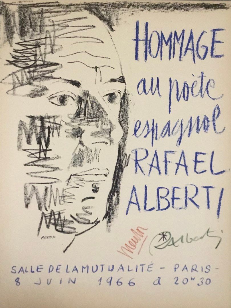Null 阿尔贝蒂导师

牛皮纸上的海报石版画，1966年，右下方有拉斐尔-阿尔贝蒂和布拉斯科-门托的签名 "向西班牙诗人致敬"。

格式 65 x 50 cm