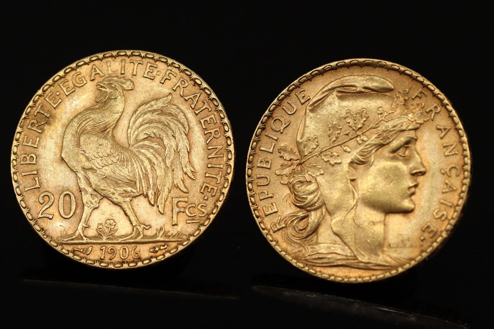 Null 两枚20法郎金币拍品 科克(1906; 1907)

TTB到SUP。

重量：12.9克。