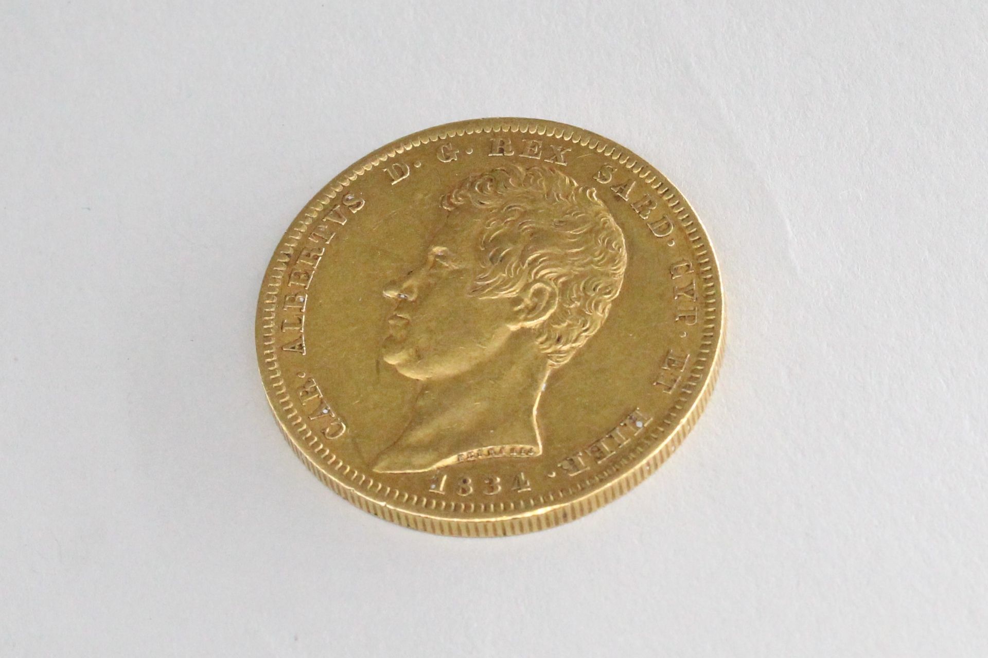 Null 100里拉金币--查尔斯-阿尔伯特（1834年P鹰）。

VF到FV。

重量：32.25g。