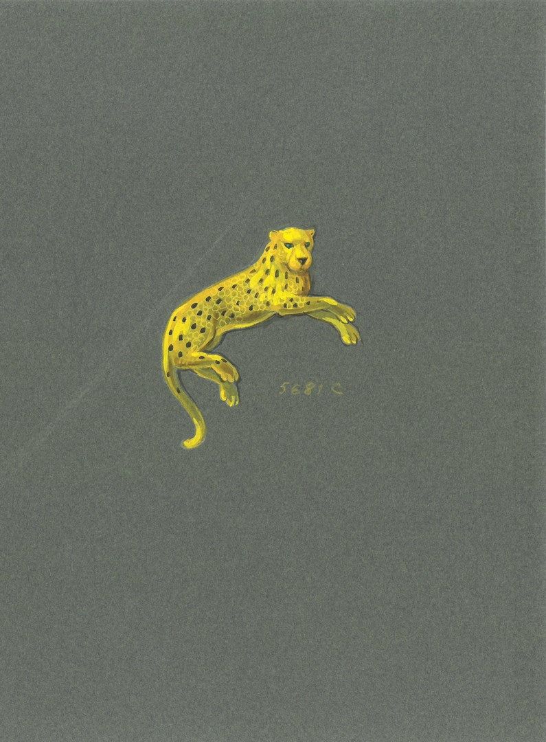 Null 孤独的人

黄金 "豹子 "胸针项目，外套的斑点为黑色珐琅，鼻子为黑玛瑙，眼睛为凸圆形绿宝石。

灰纸上的水粉画。

编号为5681C。

尺寸：27&hellip;
