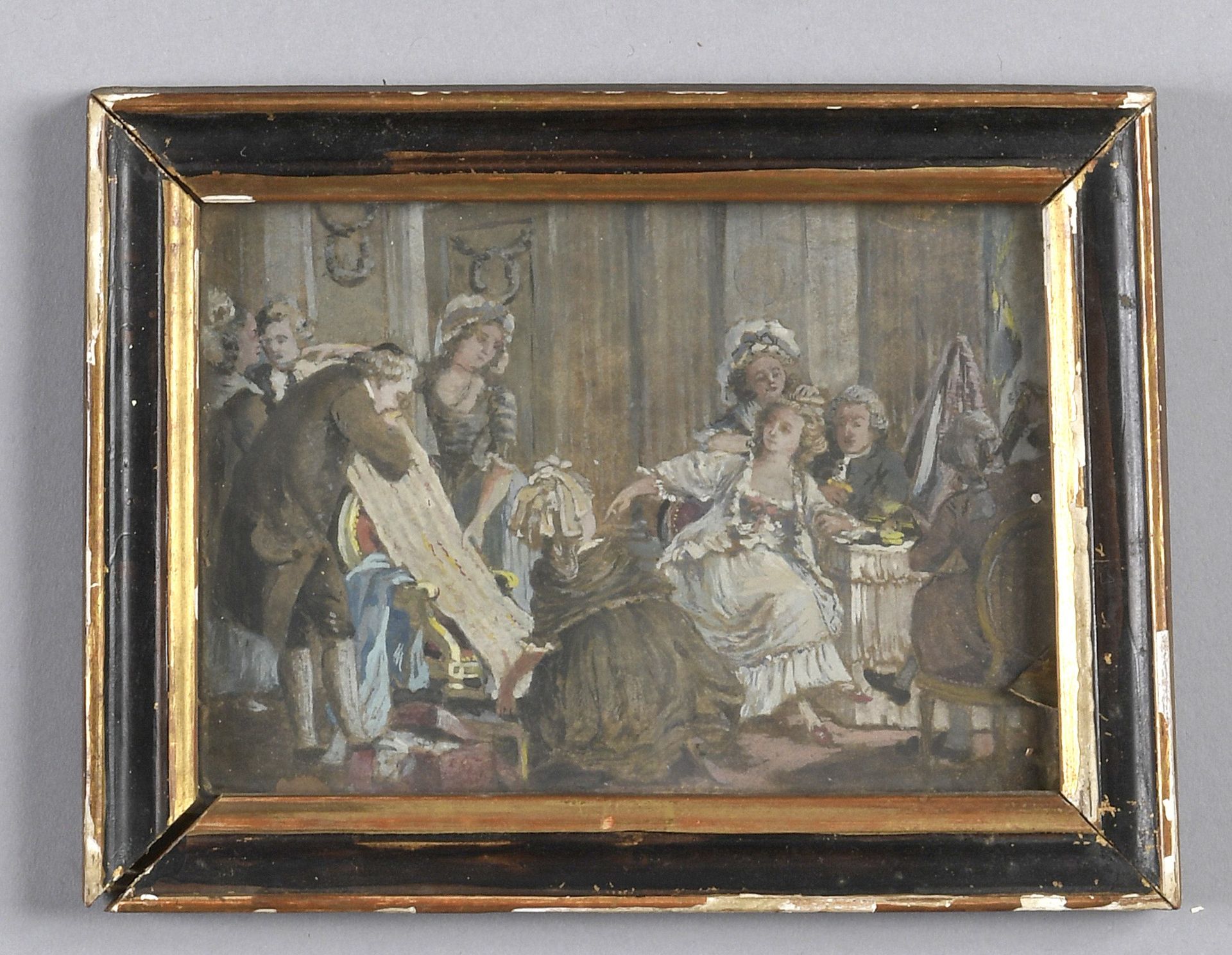Null 法国学校

在18世纪末的品味中



女人在她的闺房里检查织物样品

水粉画。安装在纸板上（左下角和四角有小缝隙）



H.8.5 - W. 12&hellip;