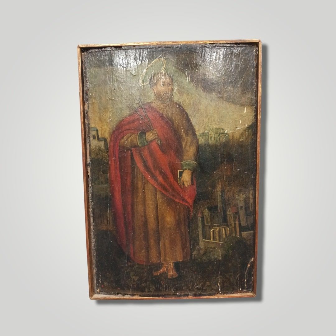 Null 圣彼得的圣像。

木板上的淡彩画。

东欧作品，18世纪末和19世纪初

H.30,3 cm - W. 20,2 cm。

轻微损坏和修复。



圣&hellip;