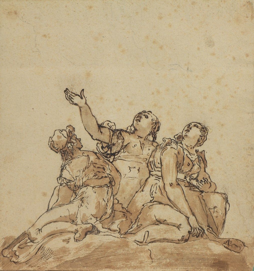 Null 18世纪意大利学校 

三个女人面向天空

钢笔、棕色墨水和棕色水洗。用钢笔装裱（点蚀）

背面有一个黑石头的旧库存号码。

高度：20.4厘米 - &hellip;