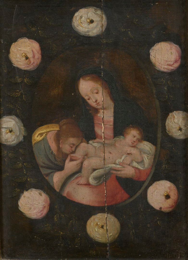 Null 弗莱米什学校 17世纪上半叶



圣母与圣婴，一个女人亲吻婴儿耶稣的脚，周围是玫瑰花环的奖章。



板上油彩。橡木。两块竖板。两个小支撑梁。(接合&hellip;
