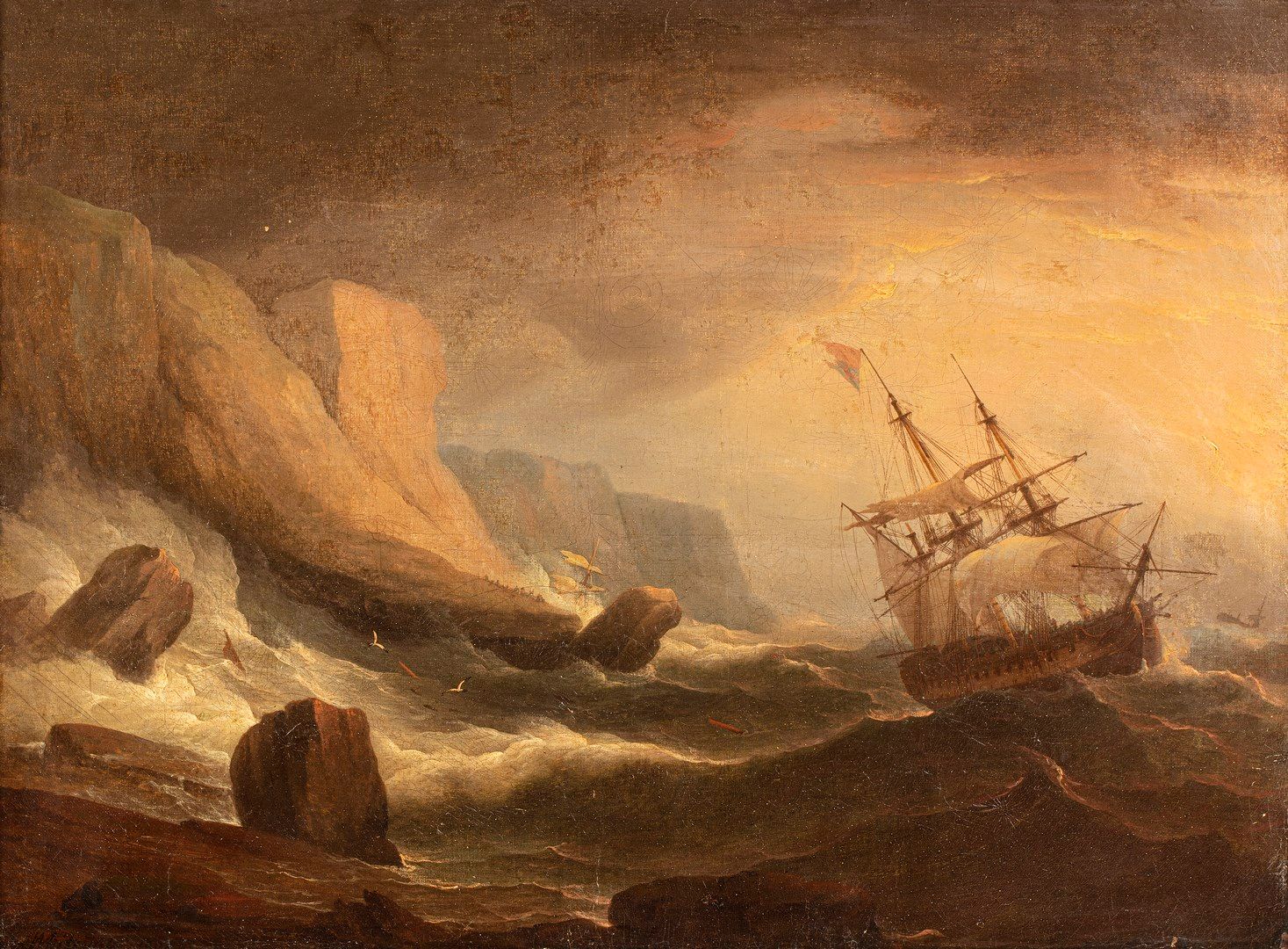 Null WHITECOMBE Thomas (归属) 

1752 - 1824

帆船沿着岩石海岸在暴风雨中航行

布面油画 

高：50,5厘米 - 宽：&hellip;