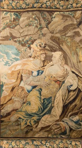 Null 挂毯的碎片。

王子之爱的场景

羊毛和丝绸，边上有珠状丝带和雏菊。

法兰德斯，17世纪。

(修复)。

2.97 x 1.62米