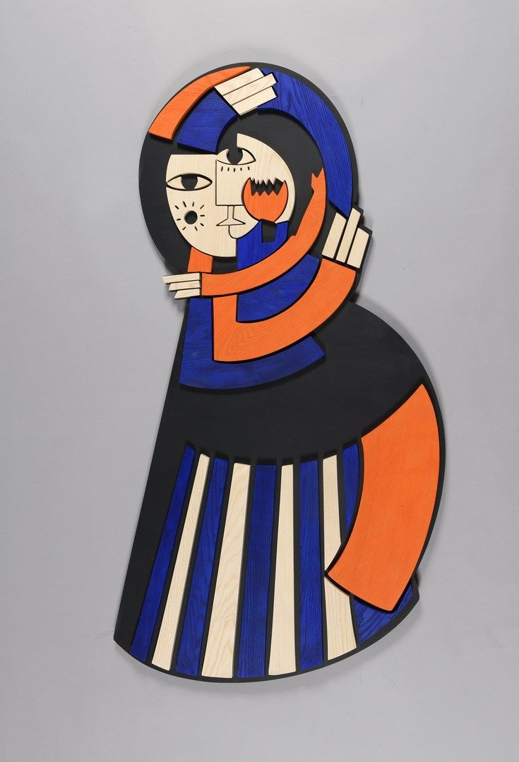 Null 卡里娜-卡里普 (生于1977年)

恋人

白蜡木雕塑，切割，上色，胶合在面板上

背面有字母图案

115 x 52 cm