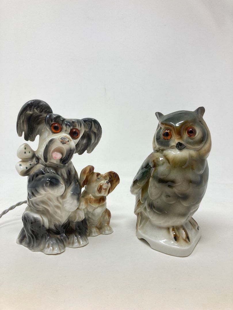 Null Pair of polychrome earthenware night lights representing a pair of dogs and&hellip;