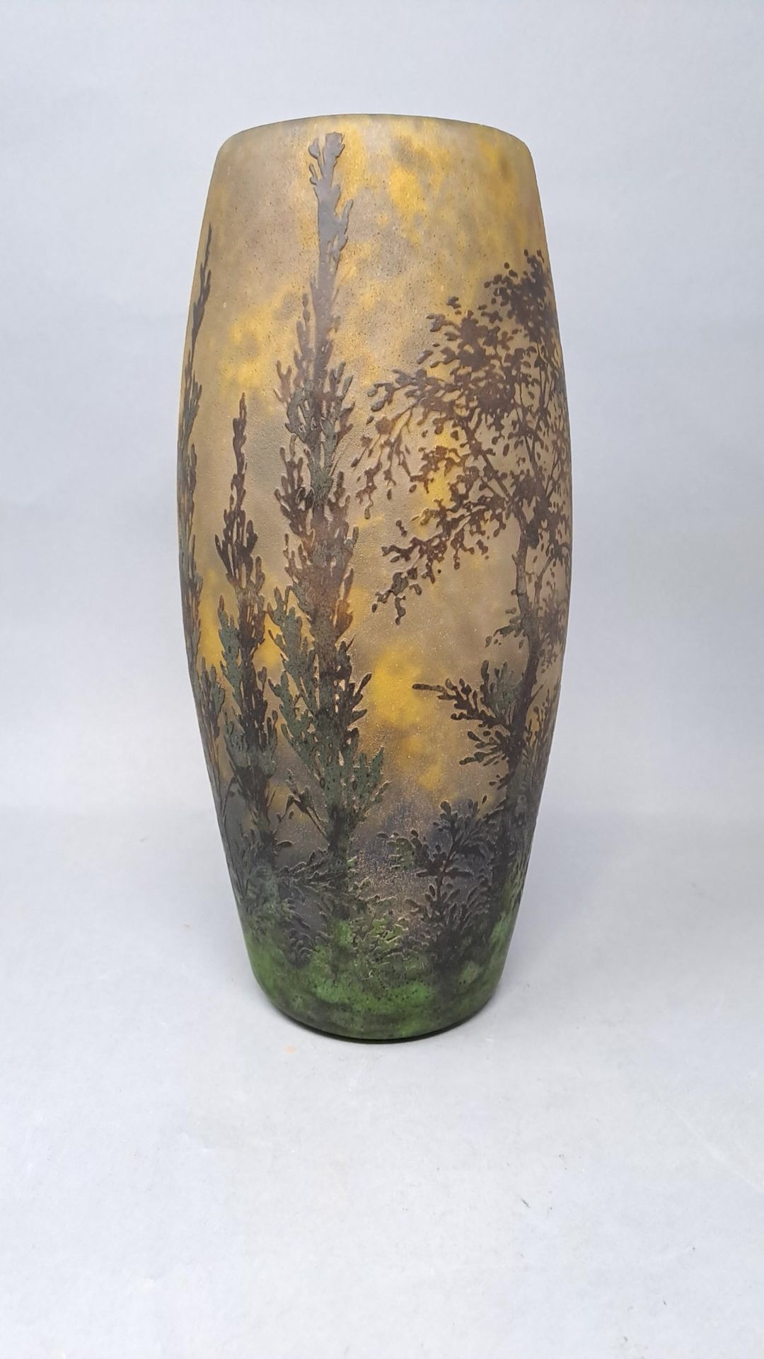 Null 道姆-南希 

花瓶，瓶身为卵圆形，瓶颈为开放式。黄色、绿色和蓝色的狨猴玻璃。酸性浮雕的森林景观设计，并以多色珐琅强化。

在装饰中签有洛林的十字架。&hellip;