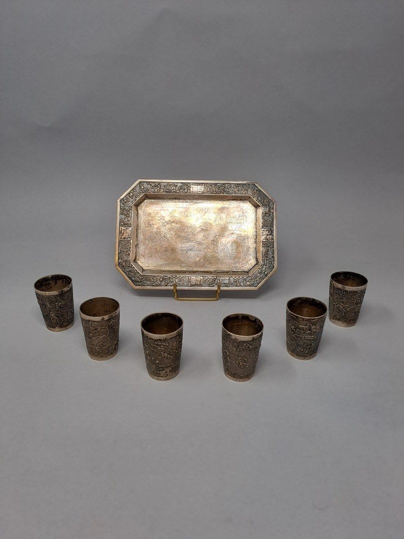 Null Part of a silver liquor service comprising an octagonal tray and six cups w&hellip;