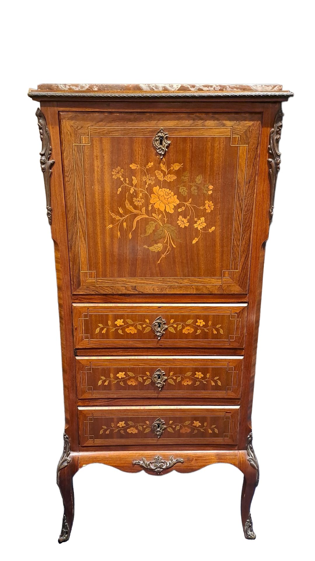 Null Small secretary of style, in wood veneer with floral decoration opening to &hellip;