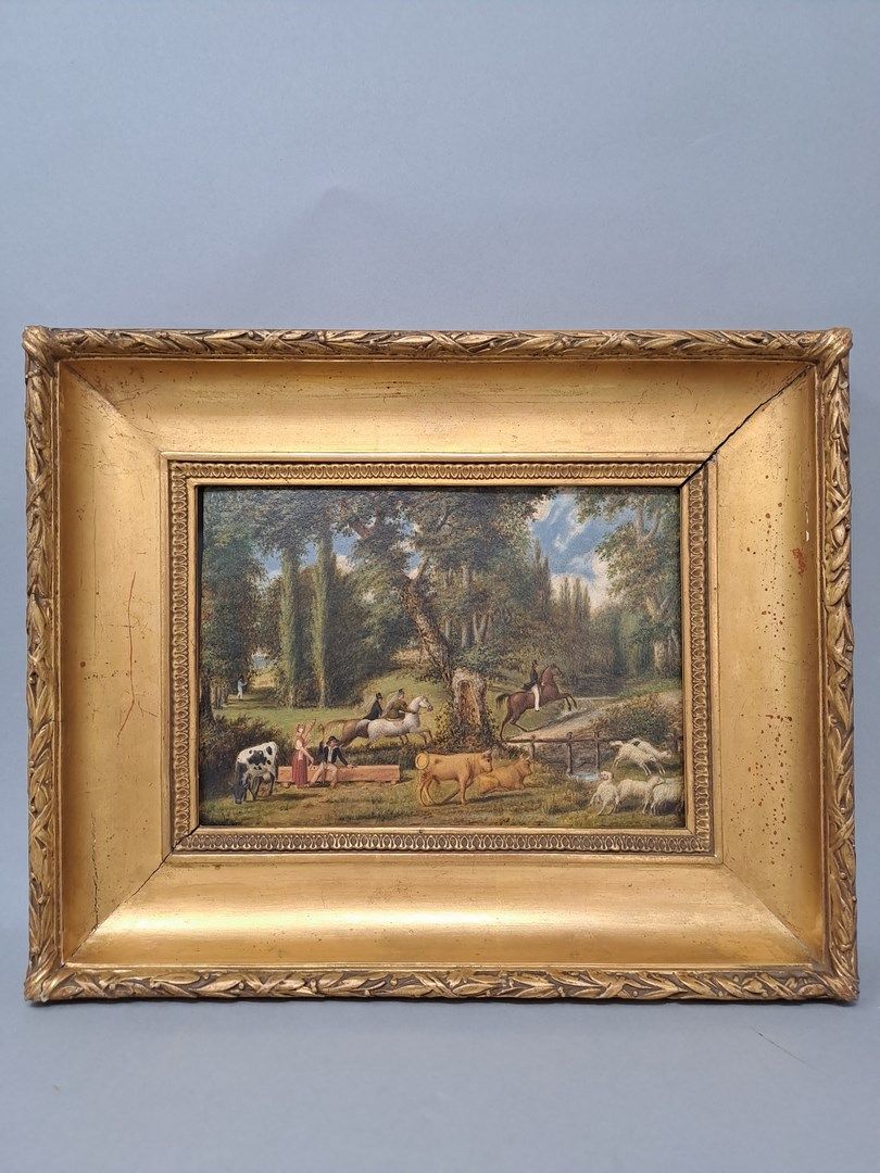 Null 1850年左右的浪漫主义学校

马背上的骑行，牧羊人的告别，渡口的穿越，船中的漫步。

四组无署名的板画油画。

13.5x19厘米。