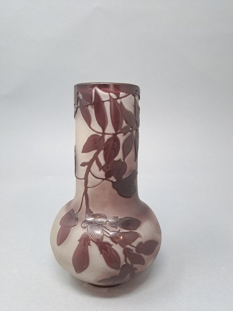 Null GALLE（在味道）。

一个模制的玻璃花瓶，白色背景和梅花装饰。

带有签名

H.15厘米