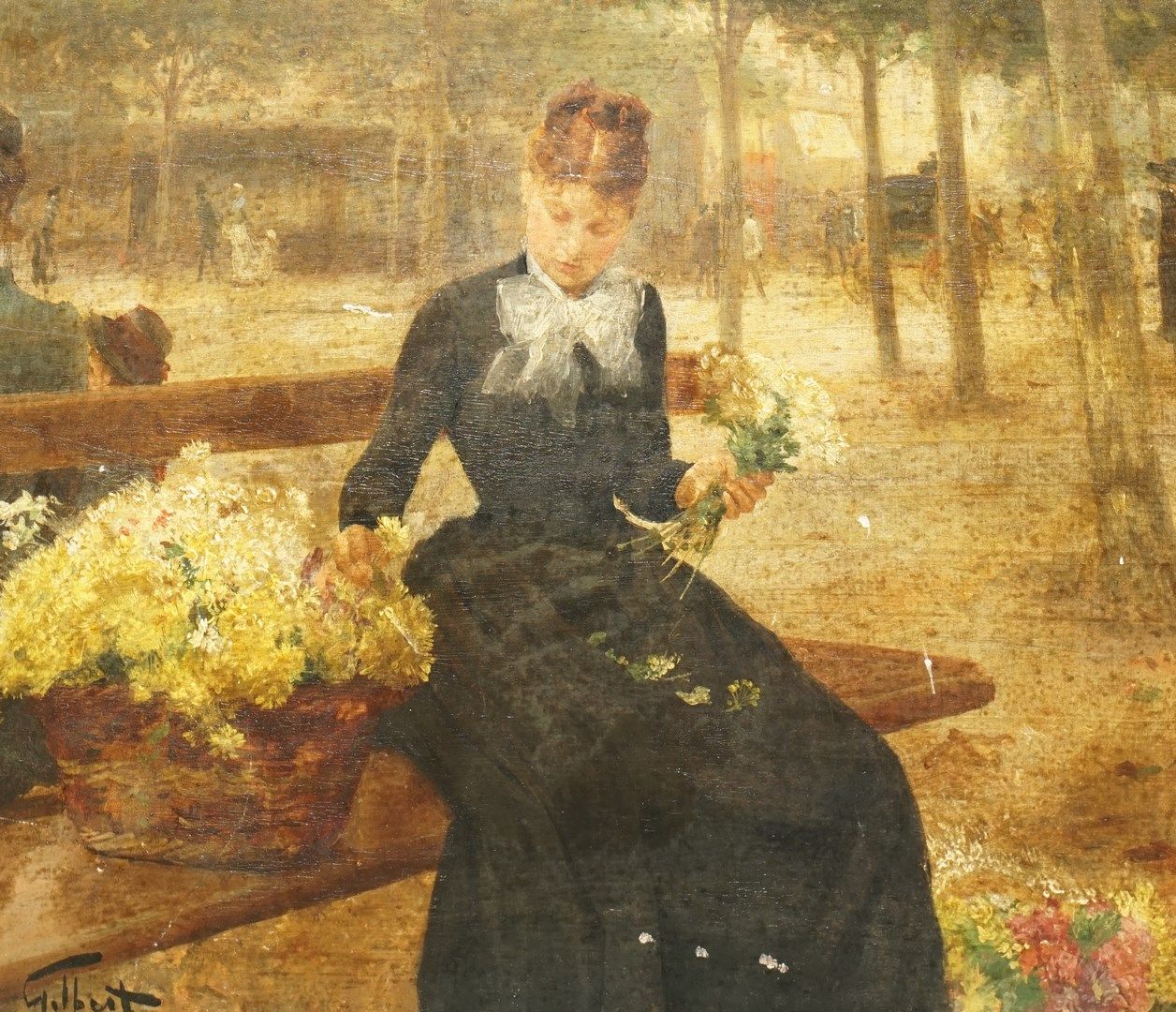 Null GILBERT Victor, 1847-1935

卖花人准备花束

镶木板上的油彩（修复，有裂缝的痕迹，有小的缺失，油漆层被弄脏）。

左下角有签&hellip;