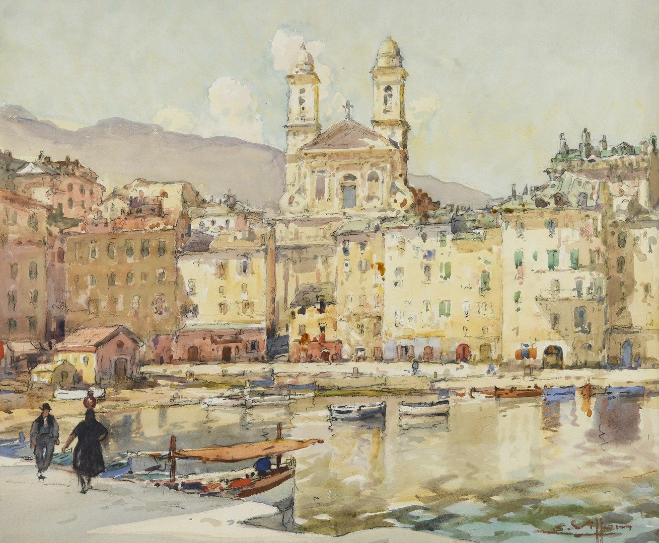 Null 维龙-欧仁，1879-1951年

巴斯蒂亚港，背景是圣让教堂，科西嘉岛，1920年

水彩画和水粉画

右下角有签名，在法国水彩画家协会的订阅表上有&hellip;
