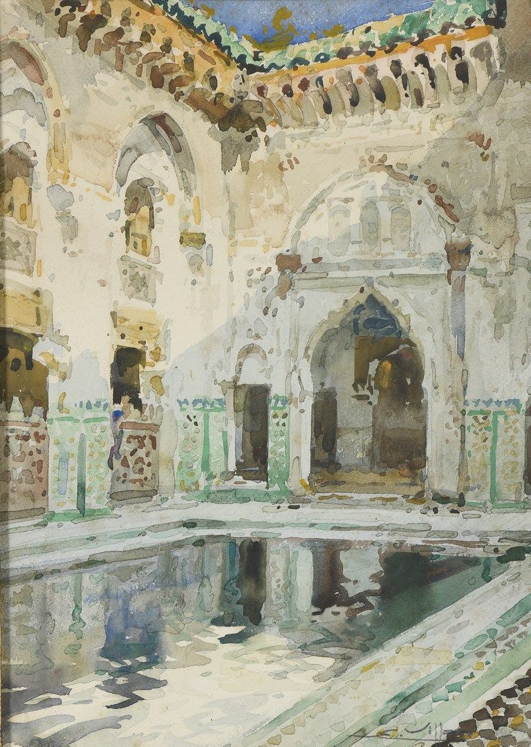 Null 维龙-尤金，1879-1951年

Médersa Al-Sahrij à Fes, Maroc
纸上水彩和水粉画（有轻微晕染）。

卡纸背面有标题和&hellip;