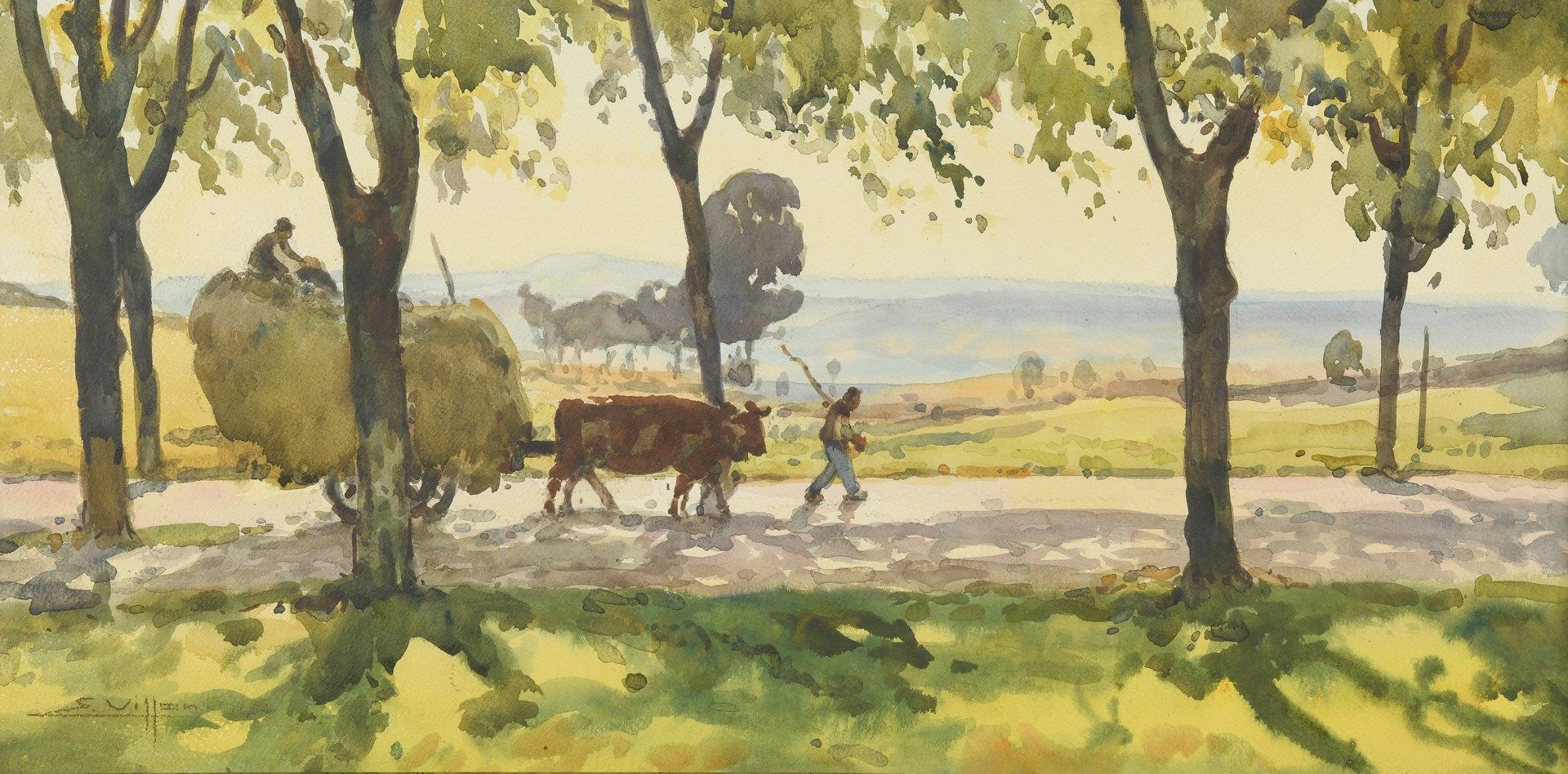 Null 维龙-欧仁，1879-1951年

干草车

水彩画和水粉画

左下角有签名

26 x 53,5 cm at sight