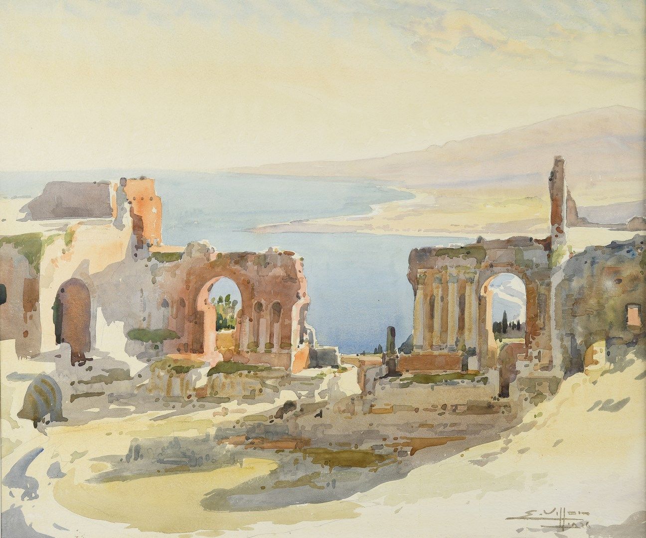 Null 维龙-欧仁，1879-1951年

陶尔米纳遗址，西西里岛，1926年

水彩画和水粉画

右下角有签名和日期，位于画框背面，有工作室印章

44.5&hellip;