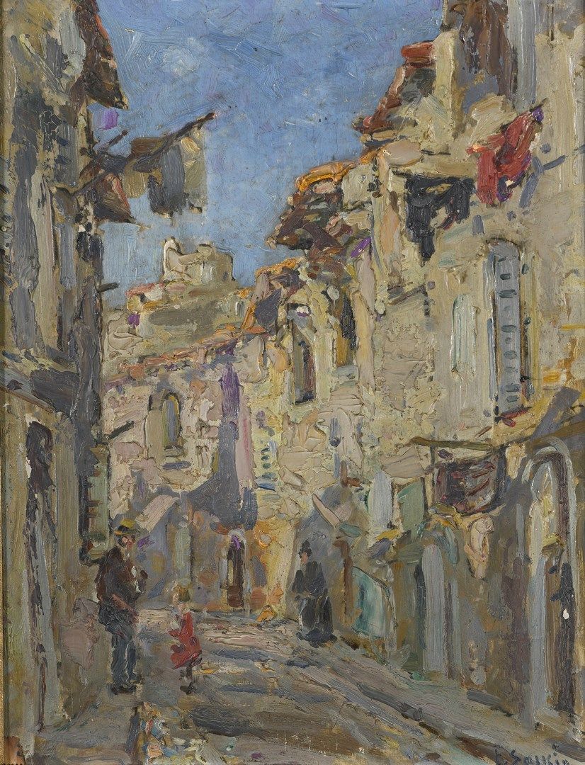 Null 萨尔金-费尔南, 1862-1937年

普罗旺斯的一条街

板面油画（小幅缺失）

右下角有签名，背面有画廊的标签上的标题

巴黎的Ecalle

&hellip;