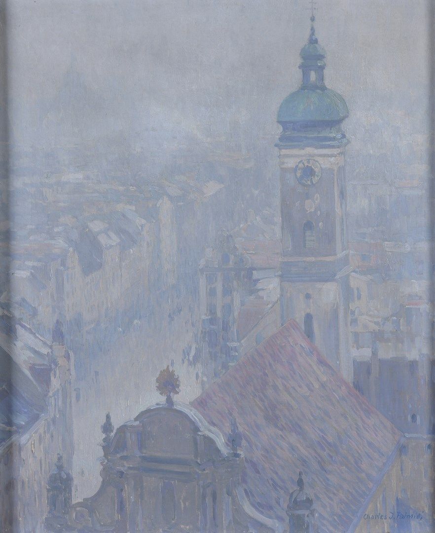 Null 帕尔梅-查尔斯-约翰，1863-1911年

慕尼黑城市的迷雾效果，前景是圣灵教堂

布面油画（非常小的缺失）

右下方有签名

62 x 52 厘米