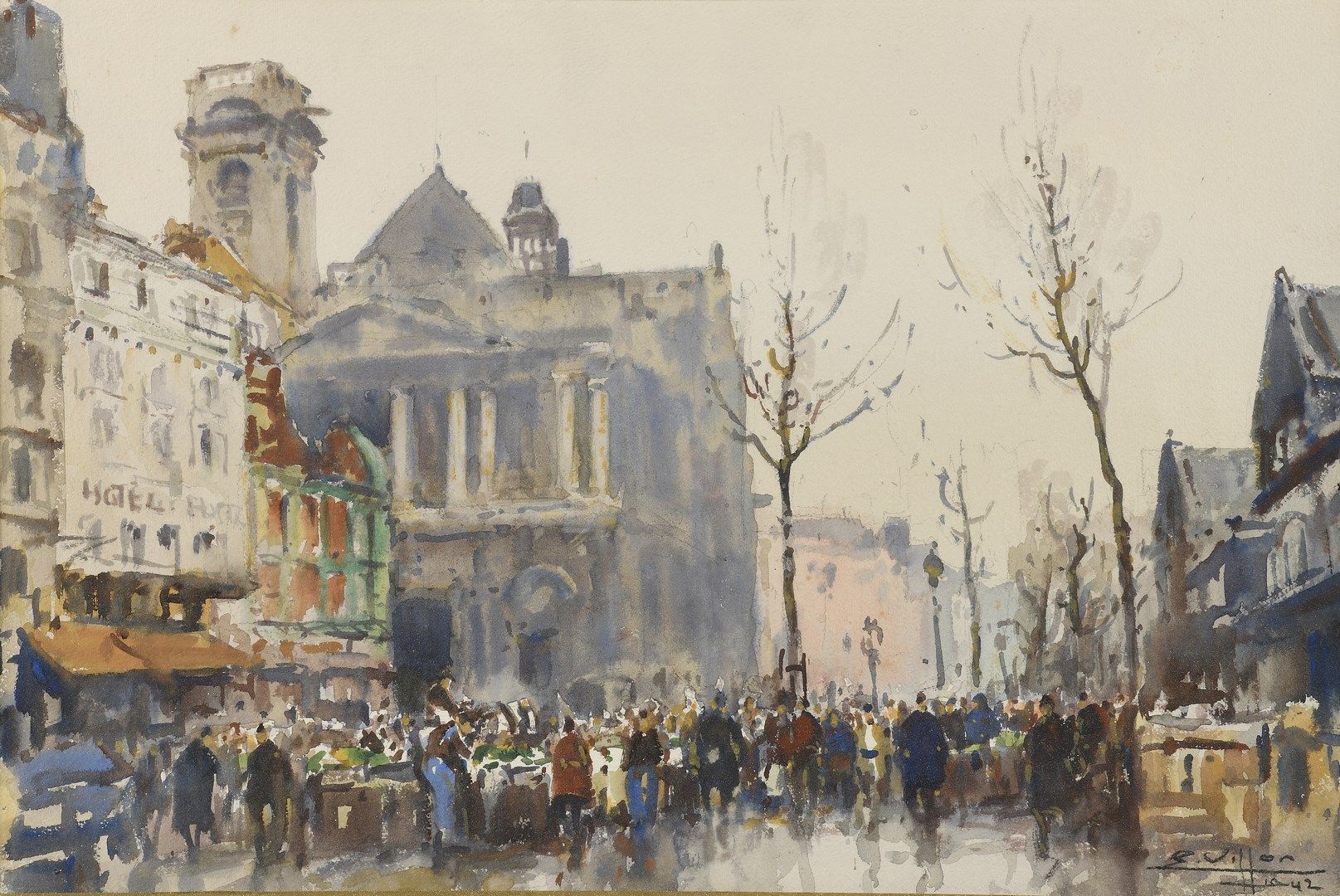 Null 维龙-尤金，1879-1951年

巴黎圣厄斯塔什古建筑区，1942年

纸上水彩和水粉画

右下角有签名并注明日期，位于装裱的背面

36 x 55&hellip;