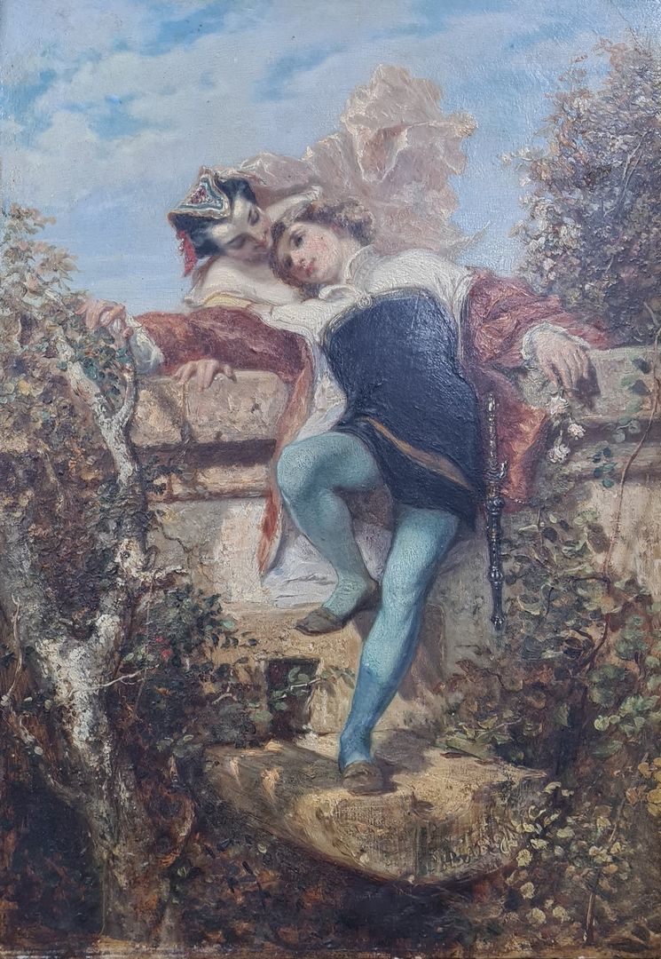 Null 亨利男爵，1816-1885

花园里的情侣

板面油彩（油漆层脏，有很小的缺失）

右下角有签名，背面有标签a n°2508

36 x 25厘米