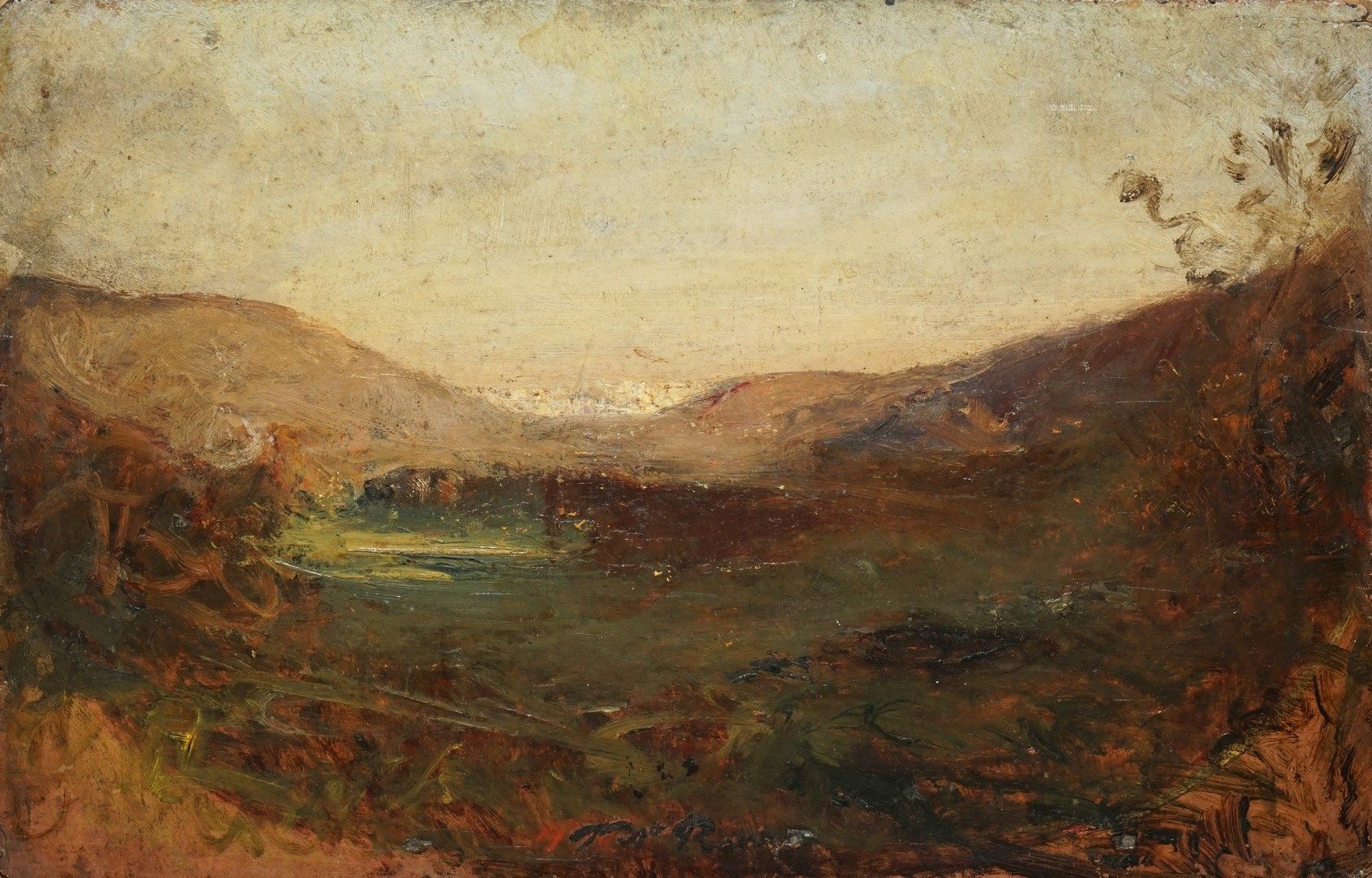 Null RAVIER Auguste, 1814-1895

全景图，可以看到山脉的景色

油画板上的双联画，以前有椭圆形的视图

(有磨损的痕迹，油漆层被弄&hellip;
