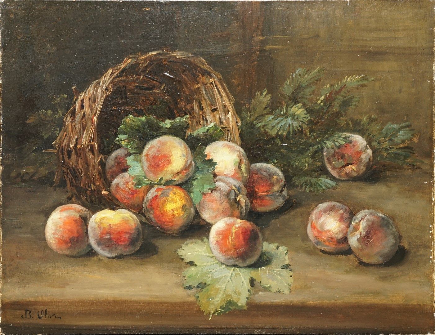 Null 奥利弗-让-巴蒂斯特，1848-1936

篮子里的桃子

布面油画（边缘有小的缺损，有一些修复）。

左下角有签名

50 x 65厘米