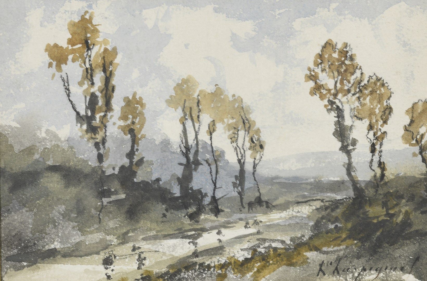 Null 亨利-哈皮涅斯，1819-1916年

有树木的河流

水彩画

右下方有签名

11.5 x 17 cm at sight