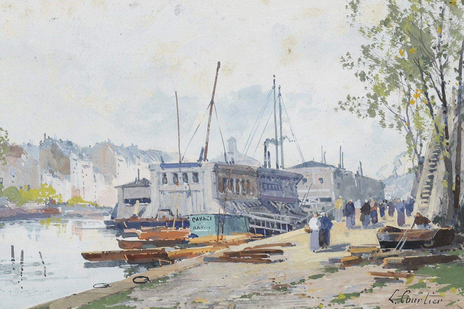 Null GALIEN-LALOUE Eugène，笔名L. COURTIER，1854-1941。

码头上的洗船和路人

纸上水粉画

右下方有签名

16&hellip;